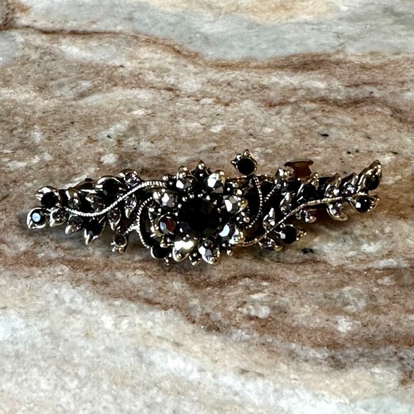 Boutique Accessories - Jet Black & Marcasite Gray Floral Crystal Rhinestone Medium Barrette/Hair Clip